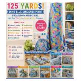 WHOLESALE $1,250 DINO BLUE DINOSAUR PRINT BROADCLOTH FABRIC ROLL, APPROX 125 YDS, LIGHT BLUE, PINK, GREEN, ORANGE & YELLOW DINOSAURS BRONTOSAURUS ETC, 60"W, 100 GSM, 5.1 OZ/YD, DAYCARE, NURSERY, N