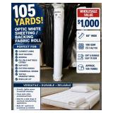 WHOLESALE $1,000 OPTIC WHITE SHEETING / BACKING FABRIC ROLL, APPROX 105 YDS, 60"W, GARMENT LINING, QUILT BACKING, BEDDING, PILLOW & MATTRESS COVERS, NAP MATS, PATTERN MAKING, COMMERCIAL SEWING, TE