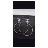 Handmade Jewelry – Local Minnesota Senior Artist – 100% Proceeds Support The Artist! Silver Tone Crescent Moon Dangle Earrings With Purple Beads
