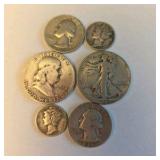 90% Silver U.S. Coin Lot – Walking Liberty Half, Franklin Half, Washington Quarters & Mercury Dimes about 1.215 troy oz actual silver weight.