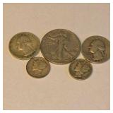 90% Silver U.S. Coin Lot – Walking Liberty Half, Washington Quarters & Mercury Dimes about 0.858 troy oz actual silver weight.