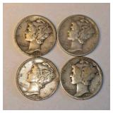 4 Mercury Silver Dimes – 1924, 1929, 1940 & 1941 – 90% Silver Coin Lot. About 0.289 troy oz actual silver weight.