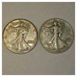2 Walking Liberty Half Dollars – 1942 & 1943 – 90% Silver Coin Lot. About 0.723 troy oz actual silver weight.