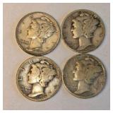 4 Mercury Dimes – 1923, 1927, 1939 & 1943 – 90% Silver Coin Lot. About 0.289 troy oz actual silver weight.