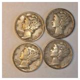 4 Mercury Dimes – 1929, 1941, 1943 & 1945 – 90% Silver U.S. Coins About  0.2894 troy oz actual silver weight.