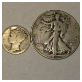 1919 Mercury Dime & 1946 Walking Liberty Half Dollar – 90% Silver U.S. Coins About 0.4340 troy oz actual silver weight.