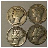4 Mercury Dimes – 1917, 1941, 1944 & 1944-S – 90% Silver U.S. Coins About 0.2894 troy oz actual silver weight.