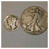 1920 Mercury Dime & 1945 Walking Liberty Half Dollar – 90% Silver U.S. Coin Lot About 0.434 troy oz actual silver weight.