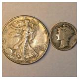 1943 Walking Liberty Half Dollar & 1923 Mercury Dime – 90% Silver U.S. Coins Approximate total silver content: 0.4340 troy oz.