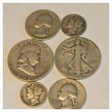 90% Silver U.S. Coin Lot – Walking Liberty Half, Franklin Half, Washington Quarters & Mercury Dimes about 1.215 troy oz actual silver weight.