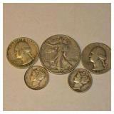 90% Silver U.S. Coin Lot – Walking Liberty Half, Washington Quarters & Mercury Dimes about 0.858 troy oz actual silver weight.