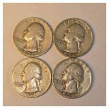 4 Washington Silver Quarters – 1951, 1951, 1953 & 1954 – 90% Silver Coin Lot. About 0.723 troy oz actual silver weight.