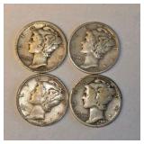4 Mercury Silver Dimes – 1924, 1929, 1940 & 1941 – 90% Silver Coin Lot. About 0.289 troy oz actual silver weight.