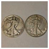 2 Walking Liberty Half Dollars – 1941 & 1942 – 90% Silver Coin Lot. About 0.723 troy oz actual silver weight.
