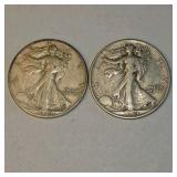 2 Walking Liberty Half Dollars – 1942 & 1943 – 90% Silver Coin Lot. About 0.723 troy oz actual silver weight.