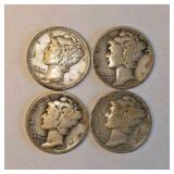 4 Mercury Dimes – 1923, 1927, 1939 & 1943 – 90% Silver Coin Lot. About 0.289 troy oz actual silver weight.
