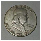 1951 Franklin Half Dollar – 90% Silver – Circulated U.S. Coin About 0.3617 troy oz actual silver weight.