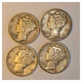 4 Mercury Dimes – 1929, 1941, 1943 & 1945 – 90% Silver U.S. Coins About  0.2894 troy oz actual silver weight.