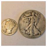 1919 Mercury Dime & 1946 Walking Liberty Half Dollar – 90% Silver U.S. Coins About 0.4340 troy oz actual silver weight.