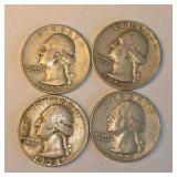 4 Silver Washington Quarters – 1954, 1957-D, 1958-D & 1959-D – 90% Silver U.S. Coins Above 0.7234 troy oz actual silver weight.