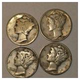 4 Mercury Dimes – 1917, 1941, 1944 & 1944-S – 90% Silver U.S. Coins About 0.2894 troy oz actual silver weight.