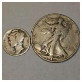 1920 Mercury Dime & 1945 Walking Liberty Half Dollar – 90% Silver U.S. Coin Lot About 0.434 troy oz actual silver weight.