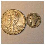 1943 Walking Liberty Half Dollar & 1923 Mercury Dime – 90% Silver U.S. Coins Approximate total silver content: 0.4340 troy oz.