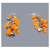 Handmade Jewelry – Local Minnesota Senior Artist – 100% Proceeds Support The Artist! Orange Cube Bead Cluster Dangle Earrings With Silver Tone Accents