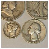 90% Silver U.S. Coin Lot – Walking Liberty Half, Franklin Half, Washington Quarters & Mercury Dimes about 1.215 troy oz actual silver weight.