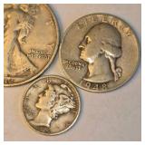 90% Silver U.S. Coin Lot – Walking Liberty Half, Washington Quarters & Mercury Dimes about 0.858 troy oz actual silver weight.