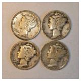 4 Mercury Dimes – 1923, 1927, 1939 & 1943 – 90% Silver Coin Lot. About 0.289 troy oz actual silver weight.