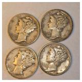 4 Mercury Dimes – 1929, 1941, 1943 & 1945 – 90% Silver U.S. Coins About  0.2894 troy oz actual silver weight.