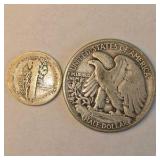 1919 Mercury Dime & 1946 Walking Liberty Half Dollar – 90% Silver U.S. Coins About 0.4340 troy oz actual silver weight.