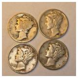 4 Mercury Dimes – 1917, 1941, 1944 & 1944-S – 90% Silver U.S. Coins About 0.2894 troy oz actual silver weight.