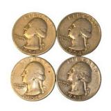 4 Washington Silver Quarters – 1951, 1951, 1953 & 1954 – 90% Silver Coin Lot. About 0.723 troy oz actual silver weight.