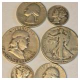 90% Silver U.S. Coin Lot – Walking Liberty Half, Franklin Half, Washington Quarters & Mercury Dimes about 1.215 troy oz actual silver weight.
