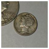 90% Silver U.S. Coin Lot – 1952 Franklin Half Dollar & 2 Mercury Dimes about 0.506 troy oz actual silver weight.