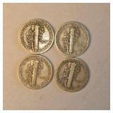4 Mercury Silver Dimes – 1924, 1929, 1940 & 1941 – 90% Silver Coin Lot. About 0.289 troy oz actual silver weight.