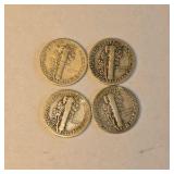 4 Mercury Dimes – 1923, 1927, 1939 & 1943 – 90% Silver Coin Lot. About 0.289 troy oz actual silver weight.