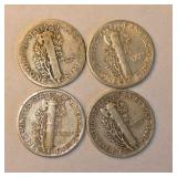4 Mercury Dimes – 1917, 1941, 1944 & 1944-S – 90% Silver U.S. Coins About 0.2894 troy oz actual silver weight.
