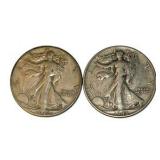 2 Walking Liberty Half Dollars – 1942 & 1943 – 90% Silver Coin Lot. About 0.723 troy oz actual silver weight.