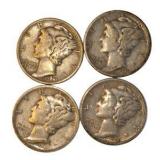 4 Mercury Dimes – 1929, 1941, 1943 & 1945 – 90% Silver U.S. Coins About  0.2894 troy oz actual silver weight.