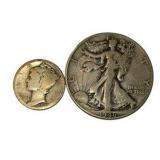 1919 Mercury Dime & 1946 Walking Liberty Half Dollar – 90% Silver U.S. Coins About 0.4340 troy oz actual silver weight.