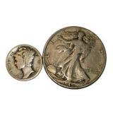 1920 Mercury Dime & 1945 Walking Liberty Half Dollar – 90% Silver U.S. Coin Lot About 0.434 troy oz actual silver weight.