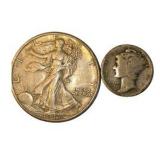 1943 Walking Liberty Half Dollar & 1923 Mercury Dime – 90% Silver U.S. Coins Approximate total silver content: 0.4340 troy oz.