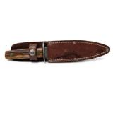 Vintage Fixed Blade Knife With Wood Handle & Leather Sheath