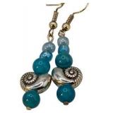 Handmade Jewelry – Local Minnesota Senior Artist – 100% Proceeds Support The Artist! Blue Beaded Dangle Earrings With Silver Tone Shell Accent