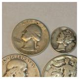 90% Silver U.S. Coin Lot – Walking Liberty Half, Franklin Half, Washington Quarters & Mercury Dimes about 1.215 troy oz actual silver weight.