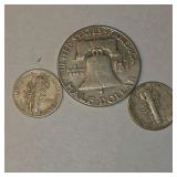 90% Silver U.S. Coin Lot – 1952 Franklin Half Dollar & 2 Mercury Dimes about 0.506 troy oz actual silver weight.