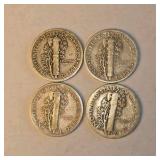 4 Mercury Silver Dimes – 1924, 1929, 1940 & 1941 – 90% Silver Coin Lot. About 0.289 troy oz actual silver weight.